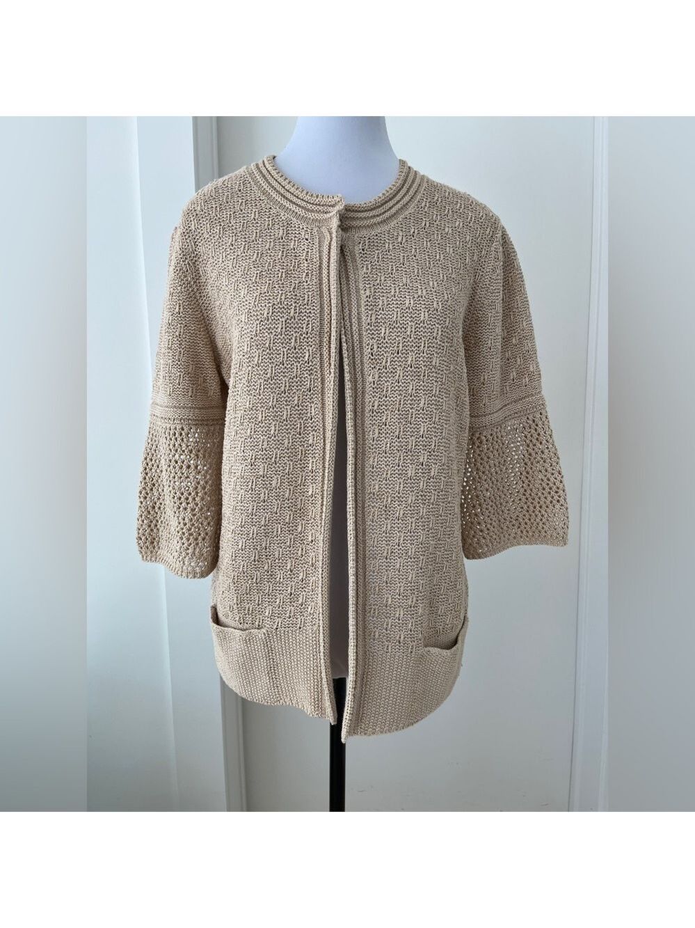 RODIER Knit Half Sleeve Open Front Cardigan Beige Gold Metallic Coastal Chic